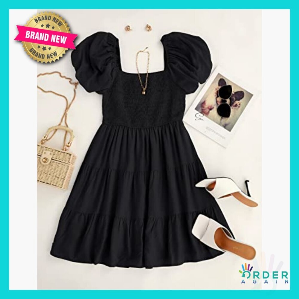 Boho Square Neck Puff Sleeve Off Shoulder Smocked Mini Dress Summer Casual - Picture 5 of 7